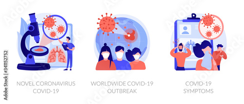 Coronavirus epidemy outbreak abstract concept vector illustration set. Novel coronavirus, covid19, world pandemic, virus spread respiratory infection, viral pneumonia symptoms abstract metaphor.