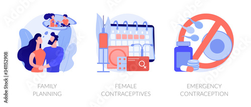 Child birth control, pregnancy prevention, prophylactic means. Family planning, female contraceptives, emergency contraception metaphors. Vector isolated concept metaphor illustrations.