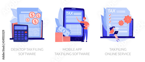 Declaration programs, easy reporting, tax website. Desktop tax filing software, mobile app tax filing software, filing online service metaphors. Vector isolated concept metaphor illustrations.