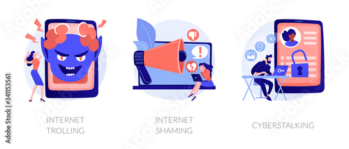 Cyberbullying metaphors set. Internet trolling, shaming, cyberstalking. Online abuse, threatening and humiliation. Aggressive behaviour in cyberspace. Vector isolated concept metaphor illustrations