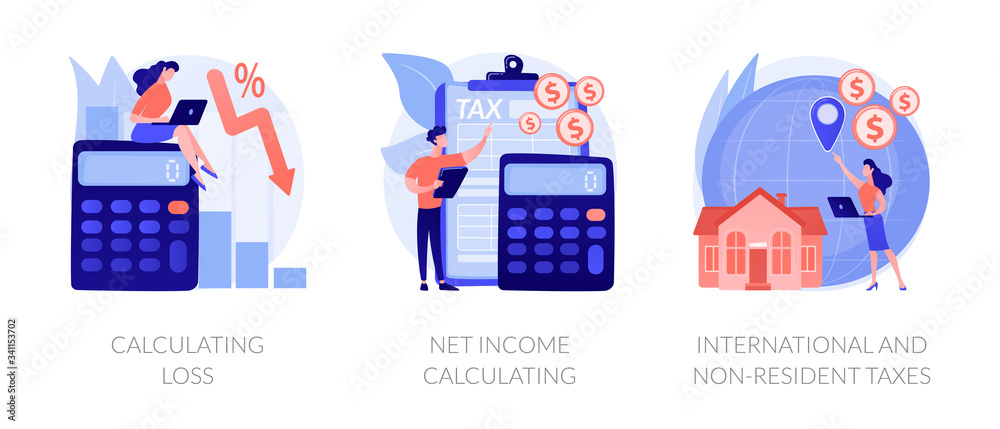 Company profit and loss flat icons set. Investment taxation. Calculating loss, calculating net income, international and non-resident taxes metaphors. Vector isolated concept metaphor illustrations