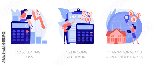 Company profit and loss flat icons set. Investment taxation. Calculating loss, calculating net income, international and non-resident taxes metaphors. Vector isolated concept metaphor illustrations