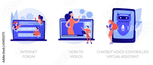Remote communication, life hack media, automated online helper. Internet forum, how-to videos, chatbot voice-controlled virtual assistant metaphors. Vector isolated concept metaphor illustrations.