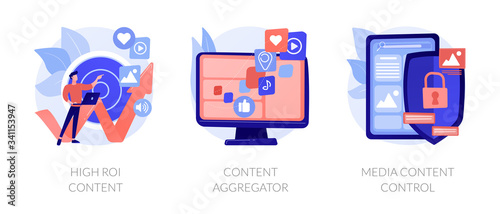 Social network marketing. Return on investment. Target analysis, SMM management. High roi content, content aggregator, media content control metaphors. Vector isolated concept metaphor illustrations