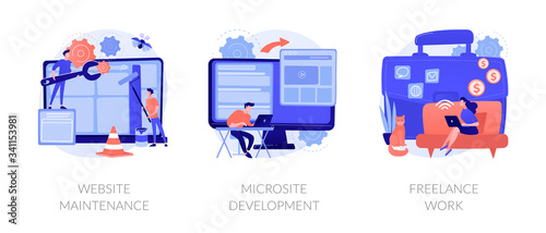Web design, programming and coding idea. Remote job, freelancer cartoon character. Website maintenance, microsite development, freelance-work metaphors. Vector isolated concept metaphor illustrations