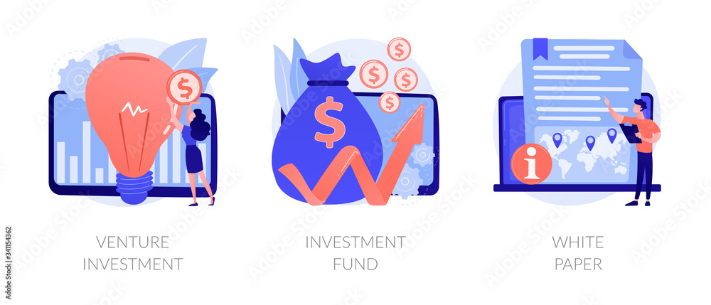 Crowdfunding campaign. Startup financing, seed funding. Creative idea generation. Venture investment, investment fund, white paper metaphors. Vector isolated concept metaphor illustrations