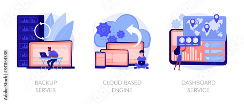 Data hosting technology. Cloud computing security. Remote access, network storage. Backup server, cloud-based engine, dashboard service metaphors. Vector isolated concept metaphor illustrations