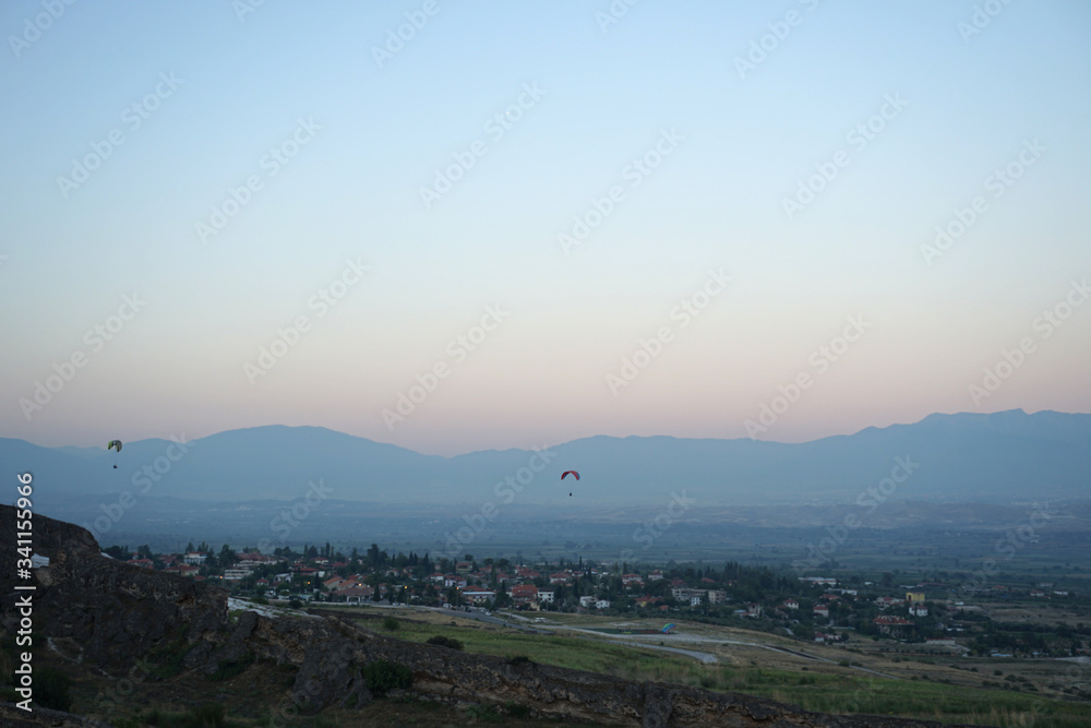 Panoramic view of mountain landscape from the balloon in the sky