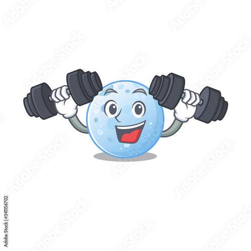 Mascot design of smiling Fitness exercise blue moon lift up barbells