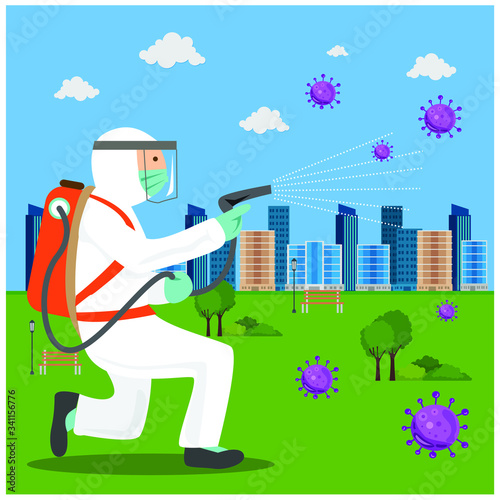 Vector illustration of a coronary injection (Covid-19) personnel sterilizing spray Inside the garden, city.