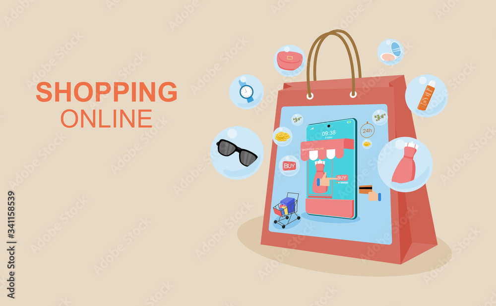 Shopping online concept for flat design, online trading for web page, website, template and background, vector illustration about shopping online Shopping online concept for flat design, online trading for web page, website, template and background, vector illustration about shopping online