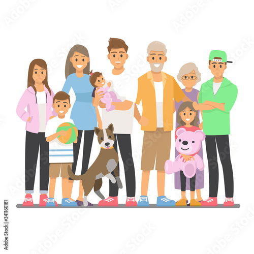 Big happy family portrait. Vector people. Father, mother, grandfather,grandmother, children and pet.