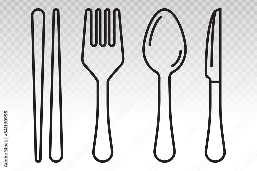 equipment dining silverware or tableware vector line art icon ( spoons, knife, chopsticks and fork) on a transparent background equipment dining silverware or tableware vector line art icon ( spoons, knife, chopsticks and fork) on a transparent background