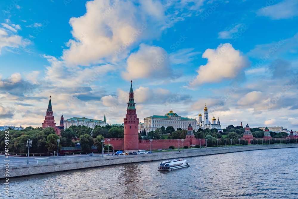 Moscow. Russia. View of the Kremlin from the Moscow river. Water attractions in the Russian capital. Architectural ensemble of the Moscow Kremlin. Grand Kremlin palace. Churches.