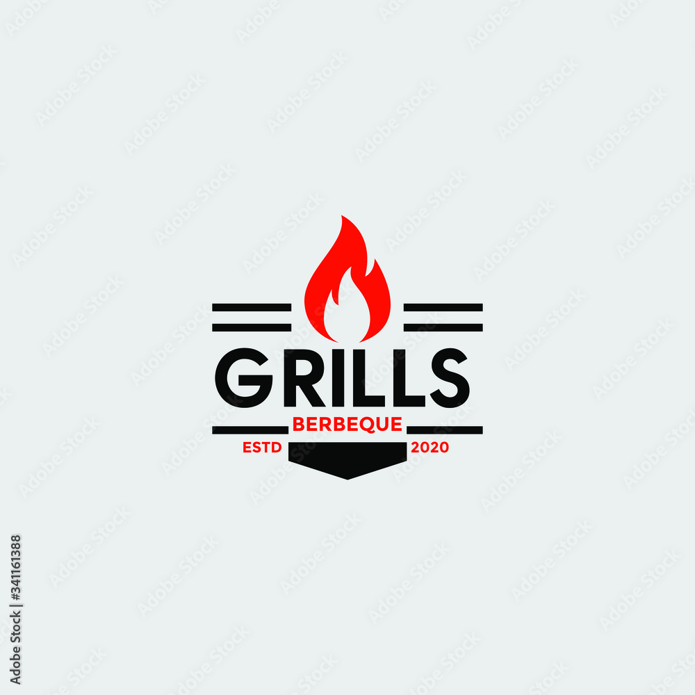 Vintage Grill Barbeque barbecue bbq with crossed fork and fire flame ...