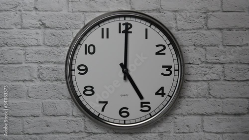 Wallpaper Mural The Time On The Clock Five. Clock With The Black Arrows With The Arabic Numerals On An White Brick Wall Background. Torontodigital.ca