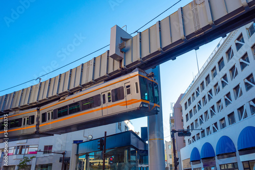 Japan. Suspension railway in Fujisawa. Tokyo. Kanagawa Prefecture. Railway in Tokyo. The train is traveling on a Japanese suspension road. Unusual modes of transport.