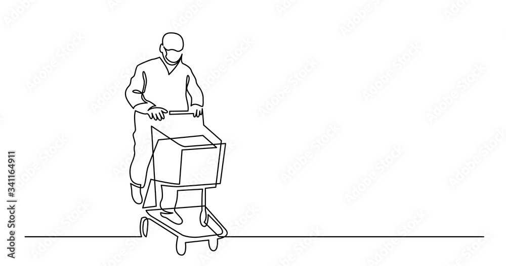 continuous line drawing of man in mask pushing empty shopping cart