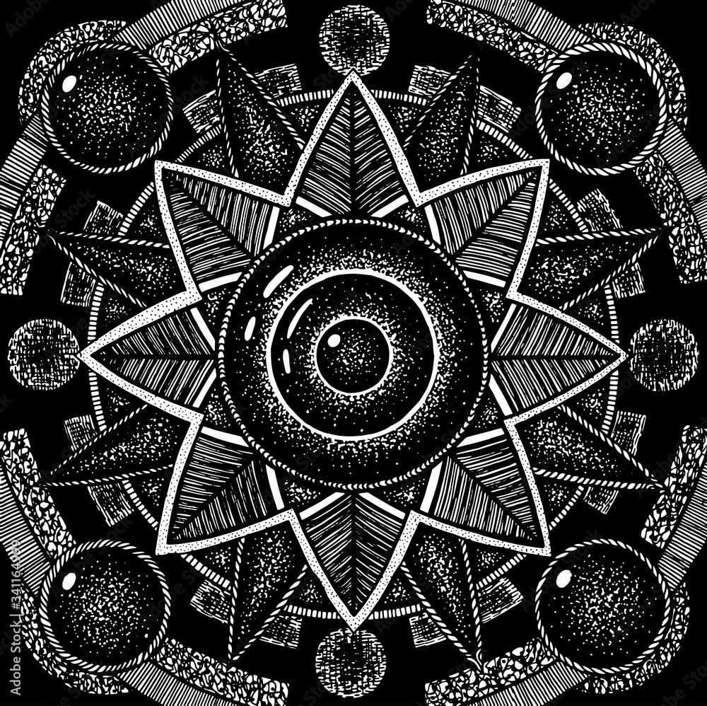 Floral geometric mandala. Ink black and white realistic drawing. Sacred
