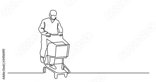 continuous line drawing of man in mask pushing empty shopping cart