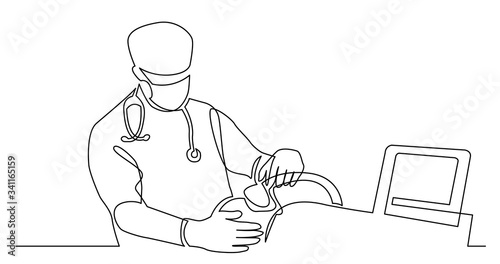 continuous line drawing of doctor in mask putting ventilator on coronavirus patient