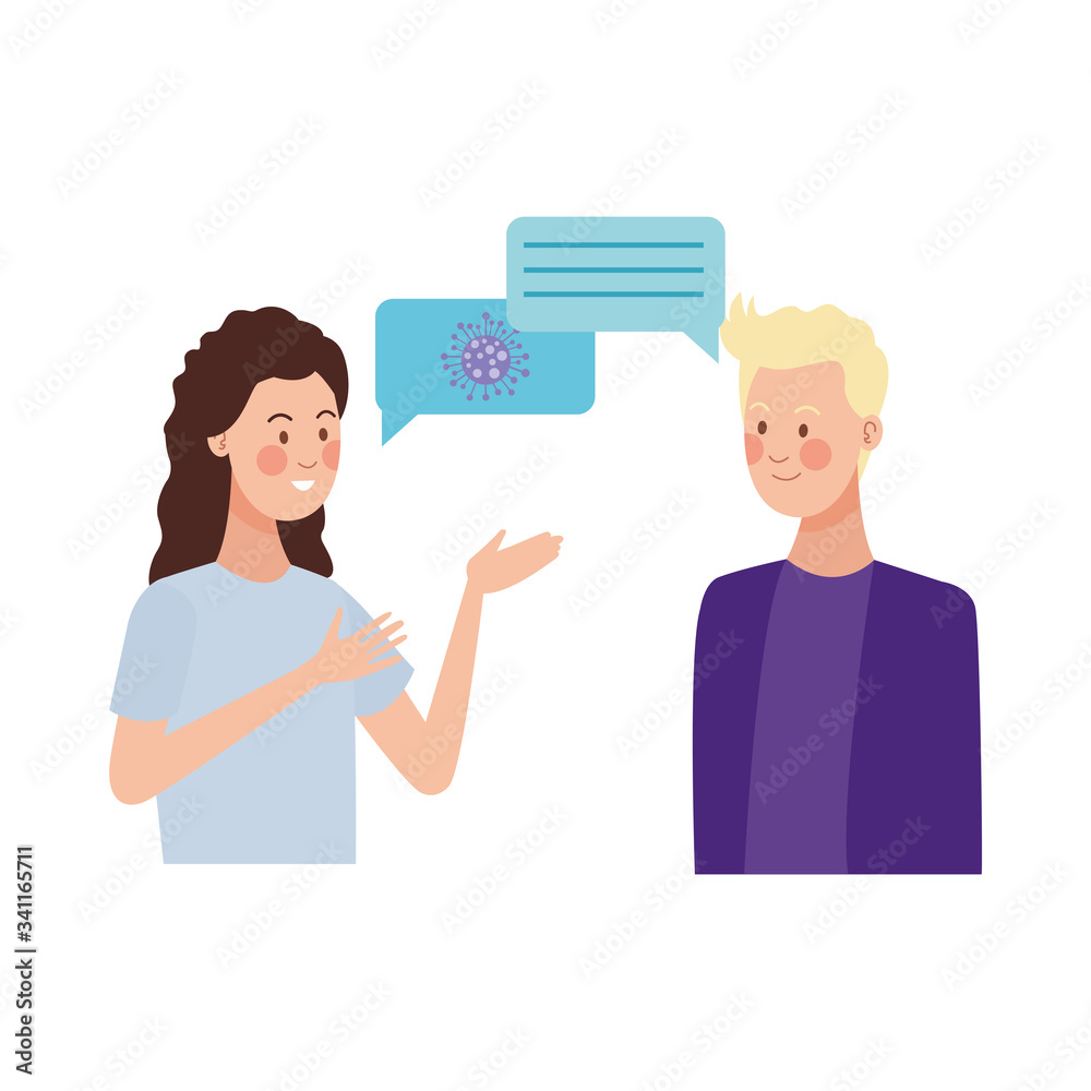 couple talking with speech bubble and covid19 particle couple talking with speech bubble and covid19 particle