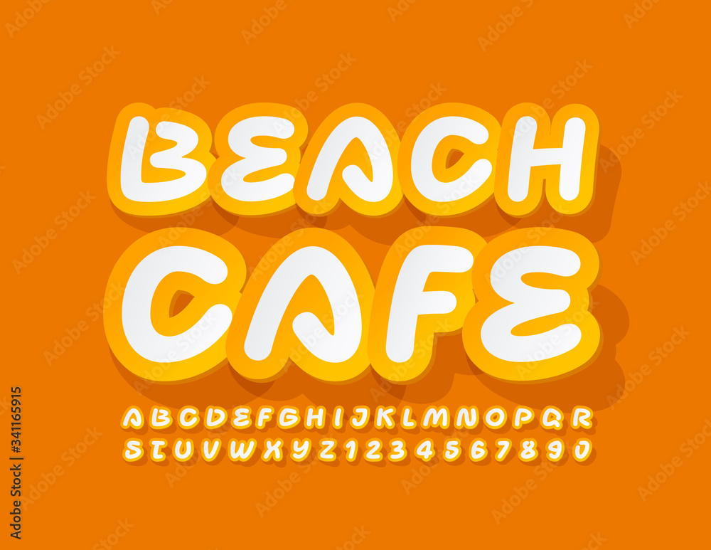 Vector bright sign Beach Cafe with handwritten sticker Font. Yellow and White Alphabet Letters and Numbers Vector bright sign Beach Cafe with handwritten sticker Font. Yellow and White Alphabet Letters and Numbers