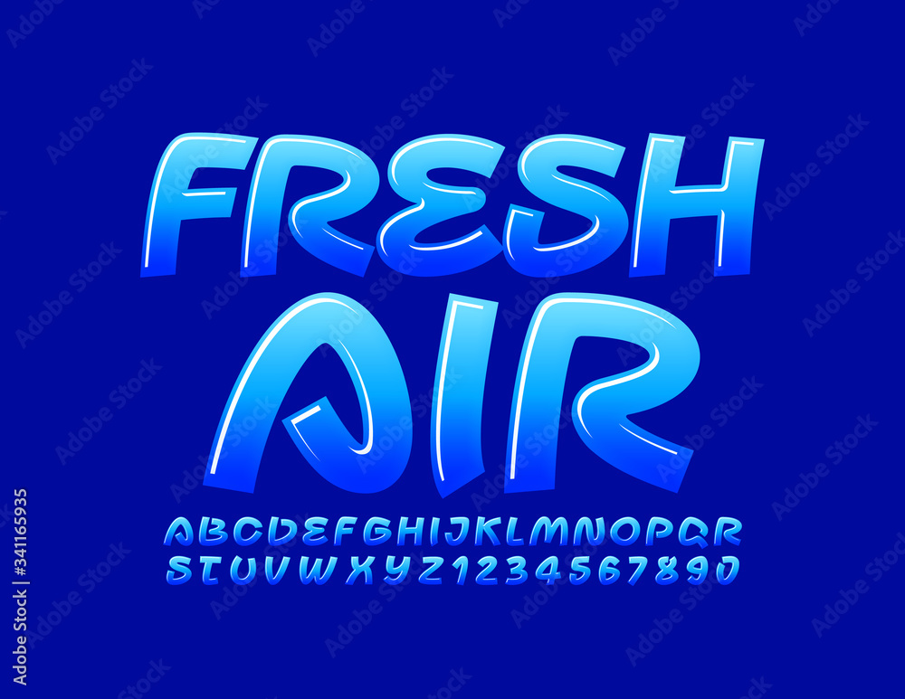 Obraz premium Vector creative sign Fresh Air with Blue Glossy Font. Handwritten Alphabet Letters and Numbers