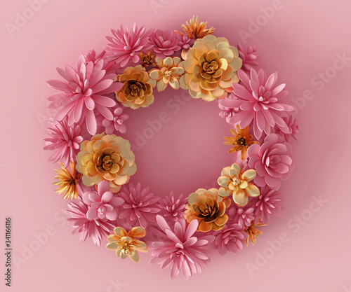 3d rendering background mock-up scene. Tropical gold palm leaves. Abstract geometry shape pastel color. Minimal geometric shape. Cosmetic background for product presentation.