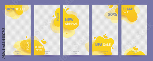 Social stories template. Set with yellow liquid abstract funky design for business stories, photographer, blogger. Social media pack template for discount and special offer.Social stories template
