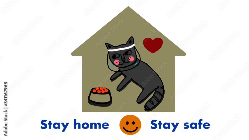illustration of cat with face shield inside a house