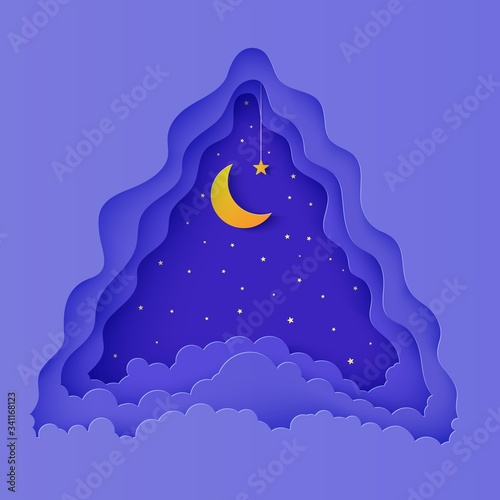 Night sky clouds triangular frame with star on rope and moon in paper cut style. Cut out 3d background with crescent and cloudy landscape papercut art. Vector card for wish good night sweet dreams