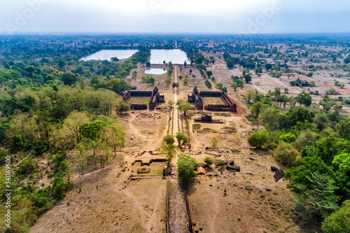 Wat Phou is a relic of a Khmer temple complex in southern Laos. Wat Phou is located at the foot of Phou Kao Mountain, Champasak Province, near Mekong River. Aerial view photo