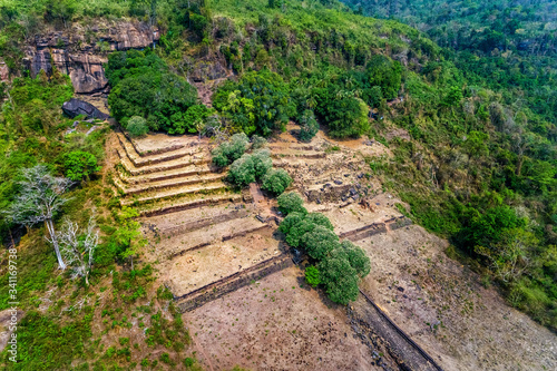 Wat Phou is a relic of a Khmer temple complex in southern Laos. Wat Phou is located at the foot of Phou Kao Mountain, Champasak Province, near Mekong River. Aerial view