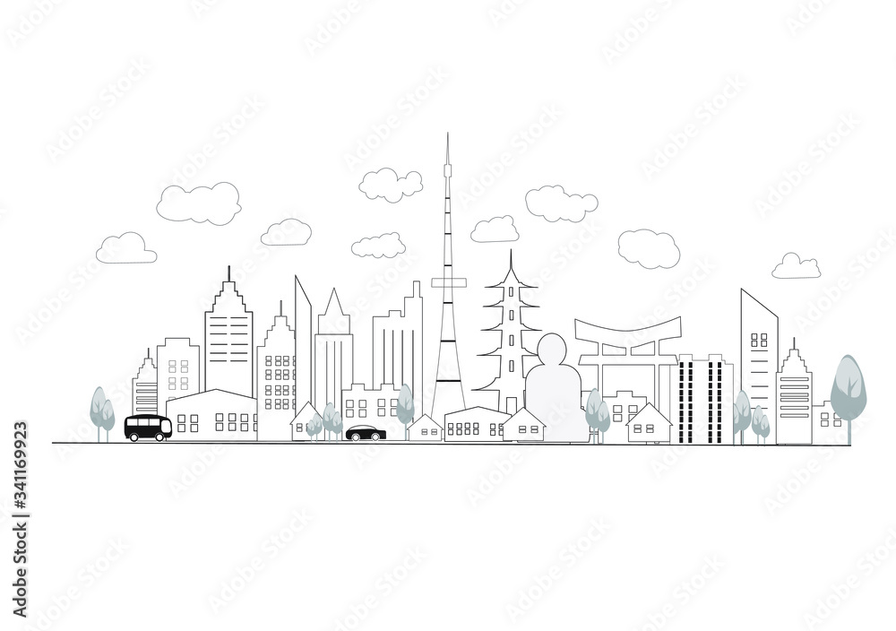 Obraz premium Vector Design Building and City of Japan, Urban cityscape of Japan.Travel To Japan Vector illustration EPS 10.