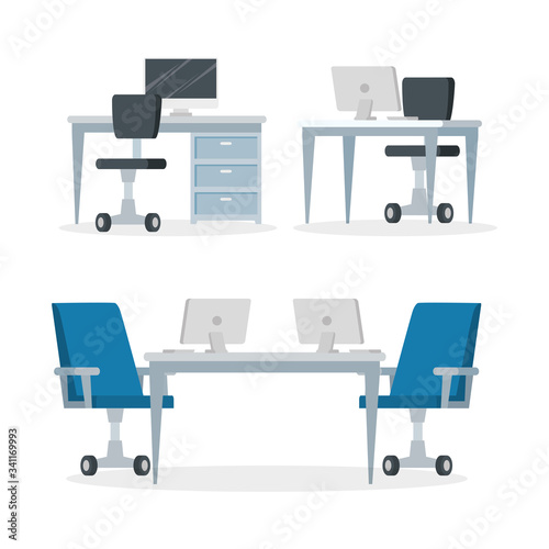 set scenes of workplaces with desks and chairs vector illustration design