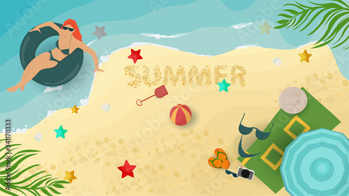 banner summer vacation on the beach a girl in a swimsuit in the water on an inflatable circle on the beach on the sand scattered things for decoration design flat vector illustration