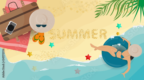 banner summer vacation on the sea beach a girl in a swimsuit is lying on an inflatable circle in a hat on the shore of the sea ocean scattered things for recreation for decoration design flat vector i