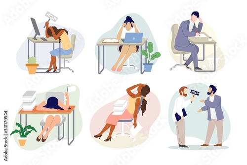 Overworked stressed people, vector flat isolated illustration