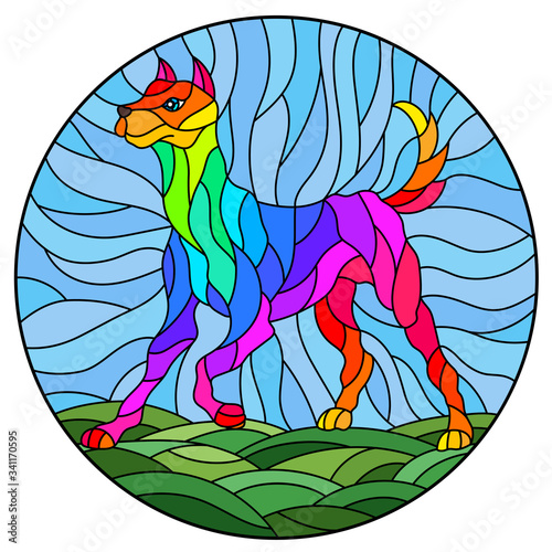 Illustration in stained glass style with an abstract rainbow dog against the sky, oval image