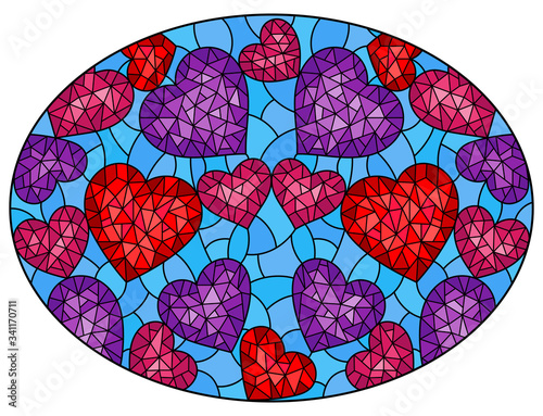Illustration in stained glass style, abstract background with hearts on blue background, oval image