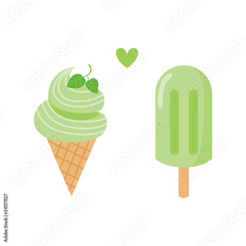 Green tea ice cream isolated on white background