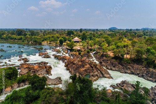 Aerial view of Li Phi waterfall in Laos - Tat Somphamit, don khone, si phan d...