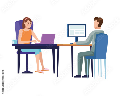 couple in desktop working characters