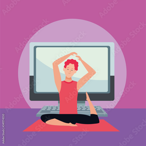 man practicing online yoga for quarantine