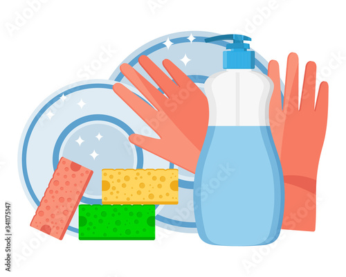 Dishwashing. Plastic bottle with dishwashing detergent, kitchen sponges and cleaning gloves. Flat design. Vector illustration