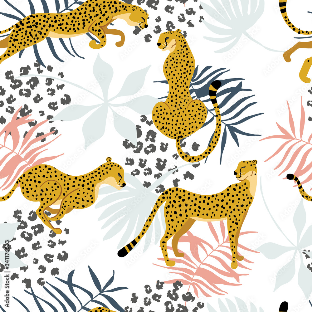 Seamless pattern of Cheetah with palm leaves and dots of Leopard print skin. Exotic art background coloured with pastel. Vector animalistic design for textile, fabric, wrap paper, or wallpaper. Seamless pattern of Cheetah with palm leaves and dots of Leopard print skin. Exotic art background coloured with pastel. Vector animalistic design for textile, fabric, wrap paper, or wallpaper.