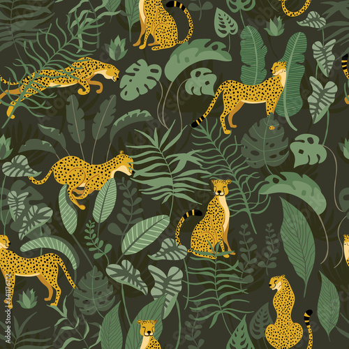 Seamless pattern with Cheetahs in wild jungle surrounded with exotics plants of rainforest. Tropical flora and fauna on dark green background. Great for wrap paper, wallpapers, web , surface textile