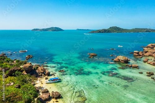 Aerial view of people swimming on the sea and beach on Gam Ghi Phu Quoc islan...