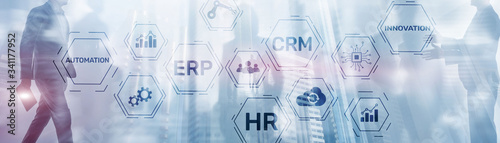 Erp Crm Hr Innovation inscriptions and icons on business background.